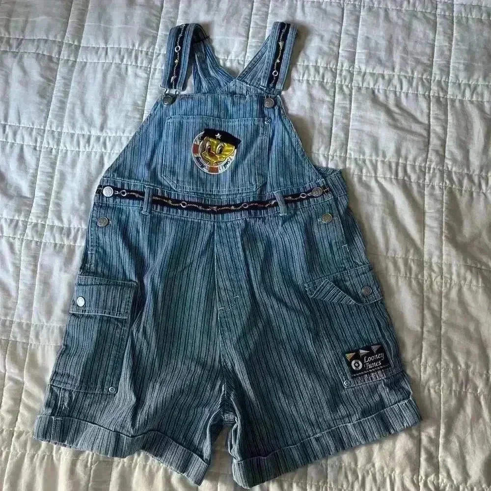 Vintage 90s tweety bird overalls youth size 16 shorts stripes nautical kidcore